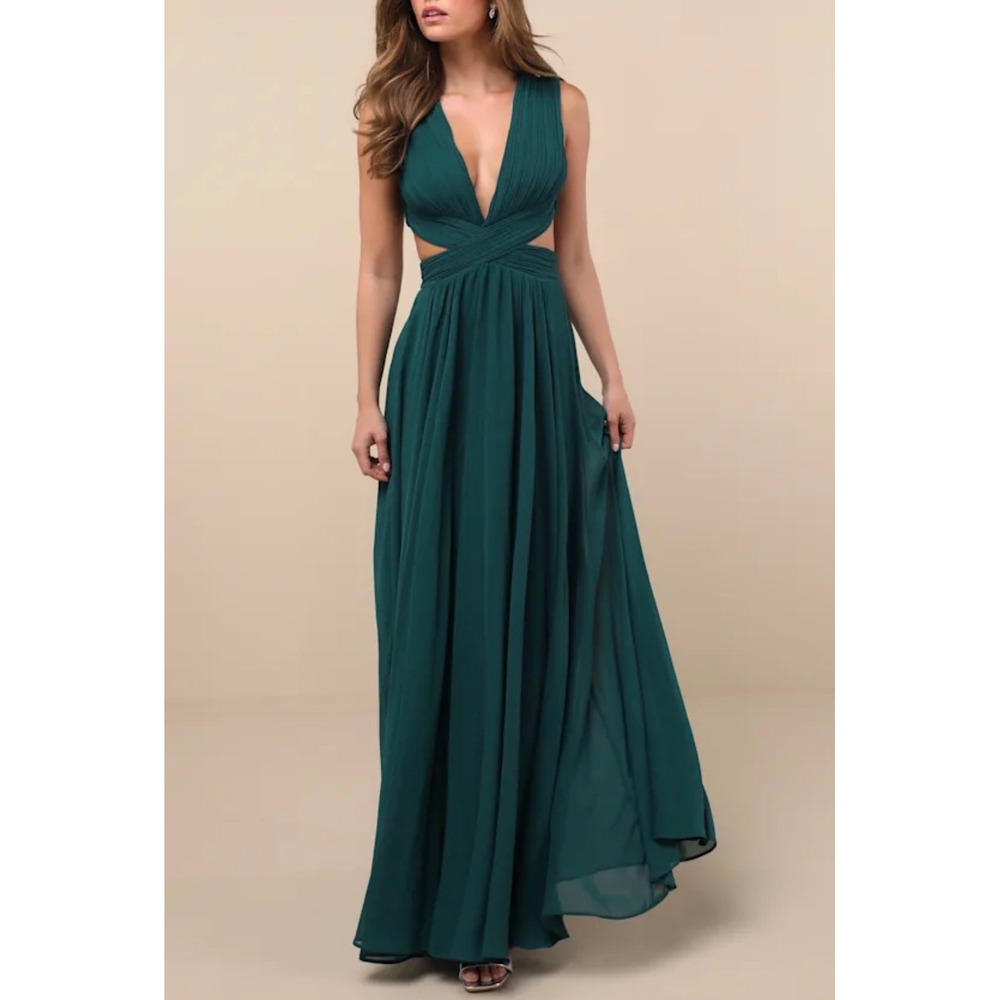 Lulus Imagination Emerald Green Pleated Cutout Maxi Dress Gown Formal L 2889